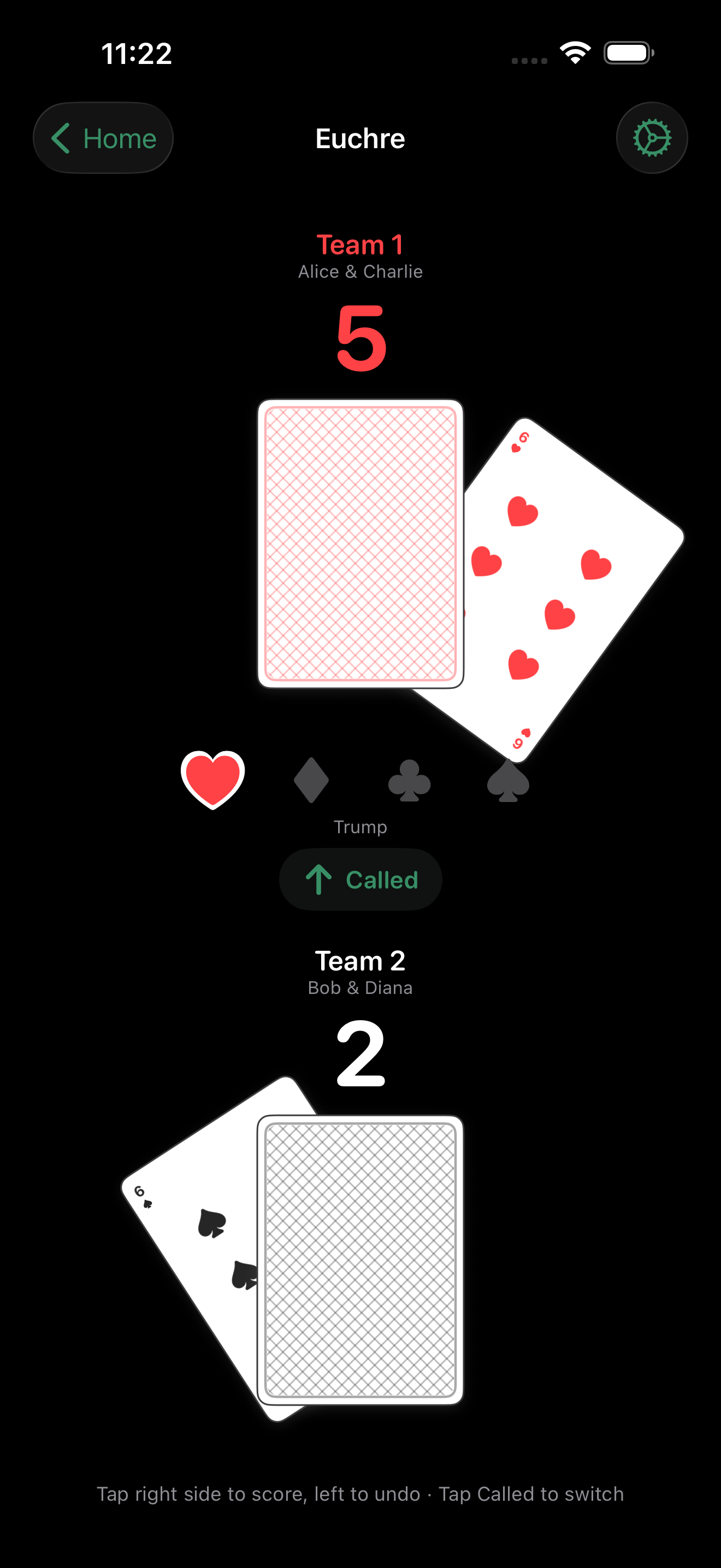 Euchre game details with final standings and team stats