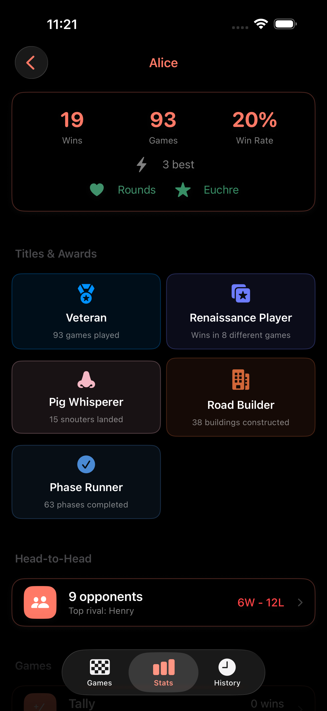Player profile showing stats, titles, awards, and head-to-head records